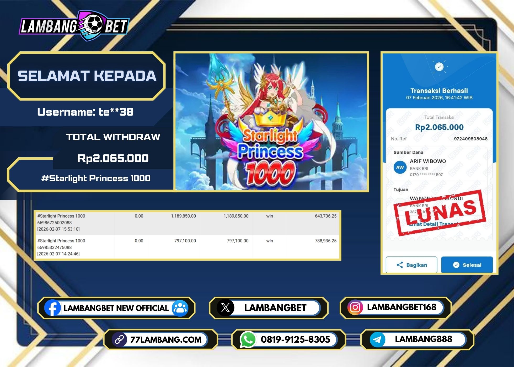 LAMBANGBET [7 FEBRUARI 2025] JACKPOT SLOT Starlight Princess 1000 "Rp2.065.000" LUNAS